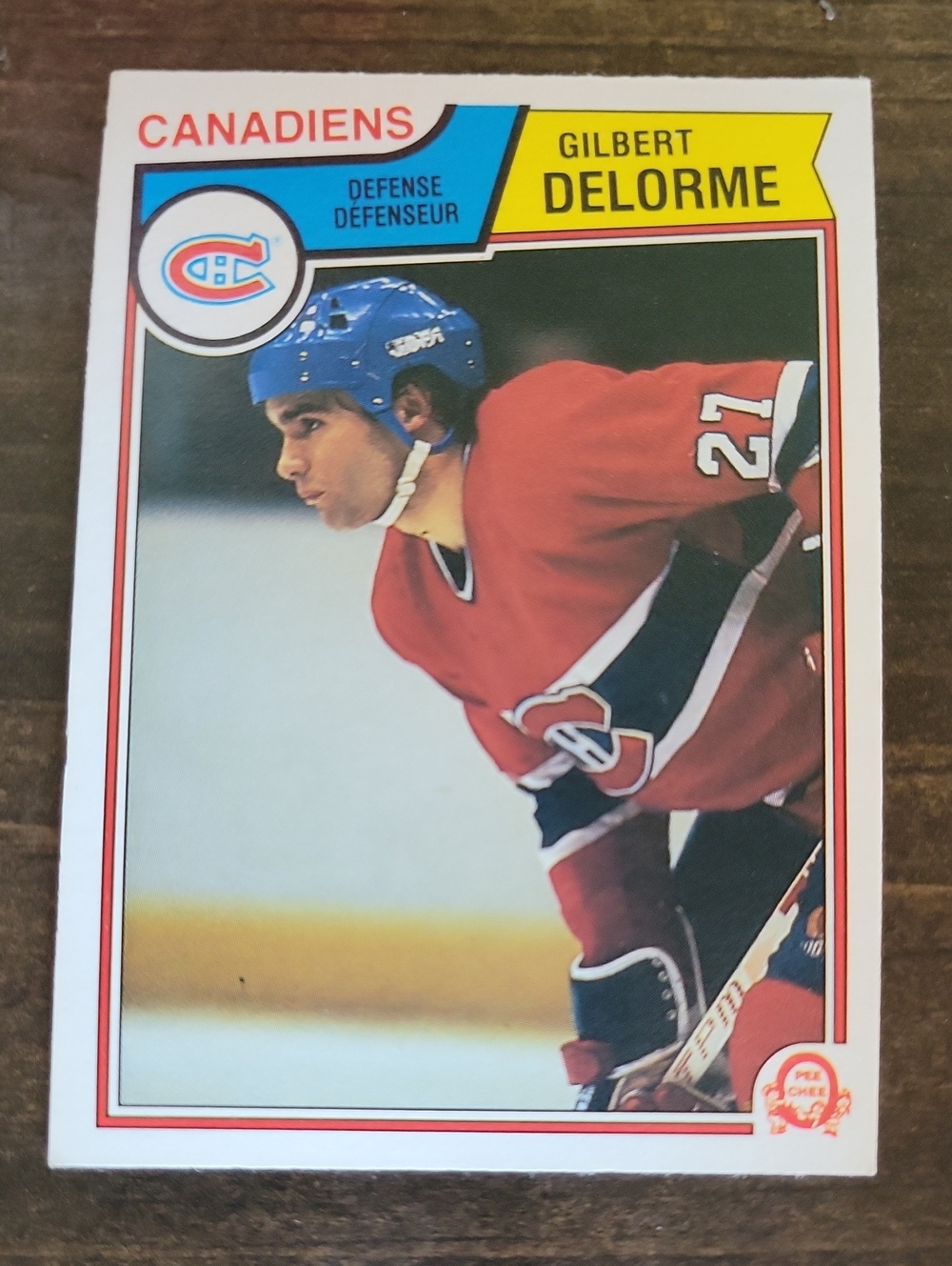 1983/84 OPC Gilbert Delorme Canadiens Hockey Card - Red Jersey, Blue Helmet